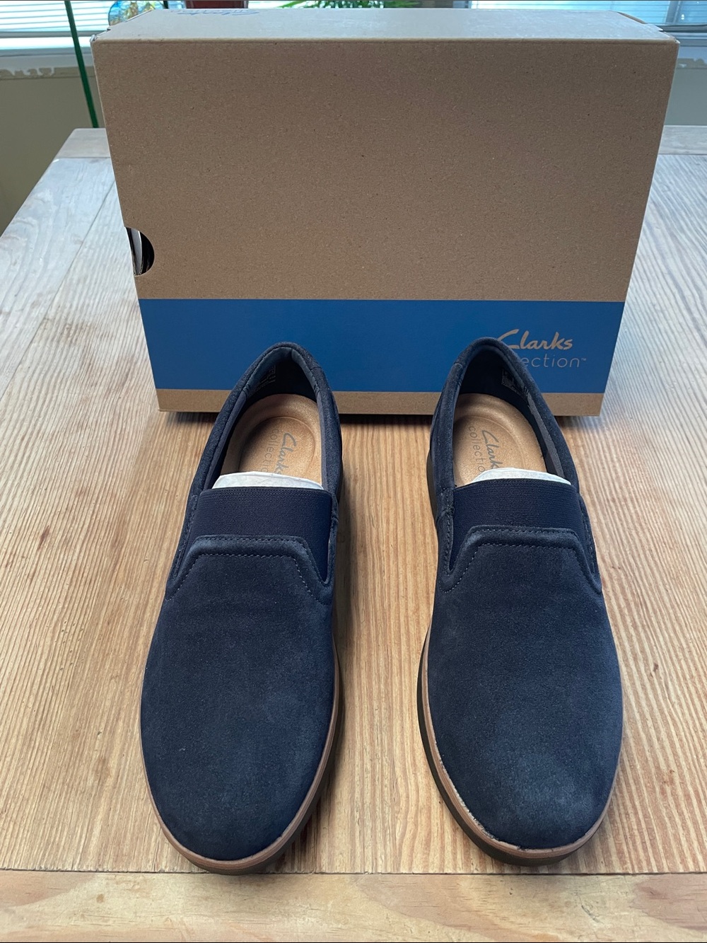 Clarks Navy Suede Slip-On Loafers